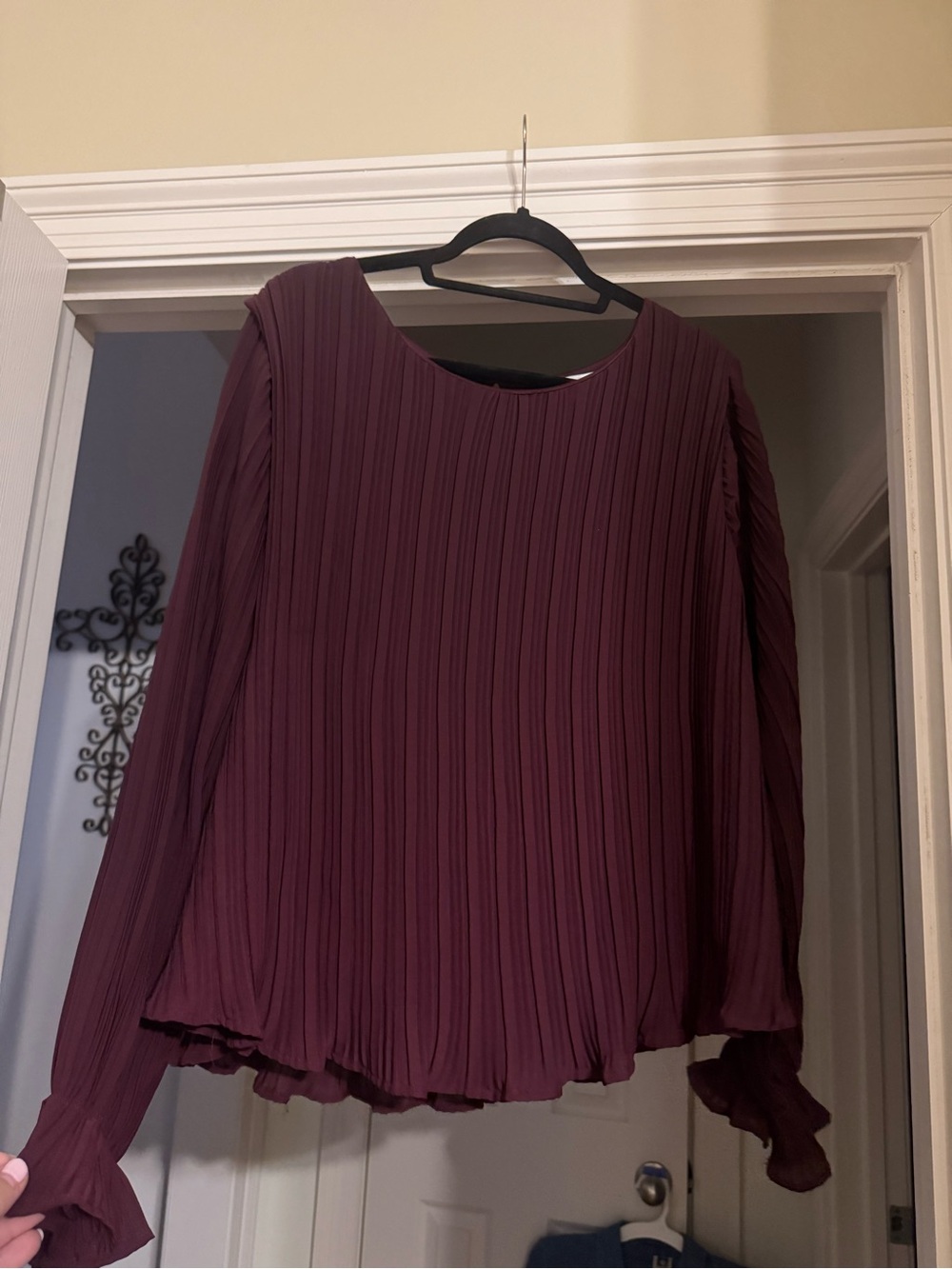 She + Sky Plum Pleated Long-Sleeve Blouse